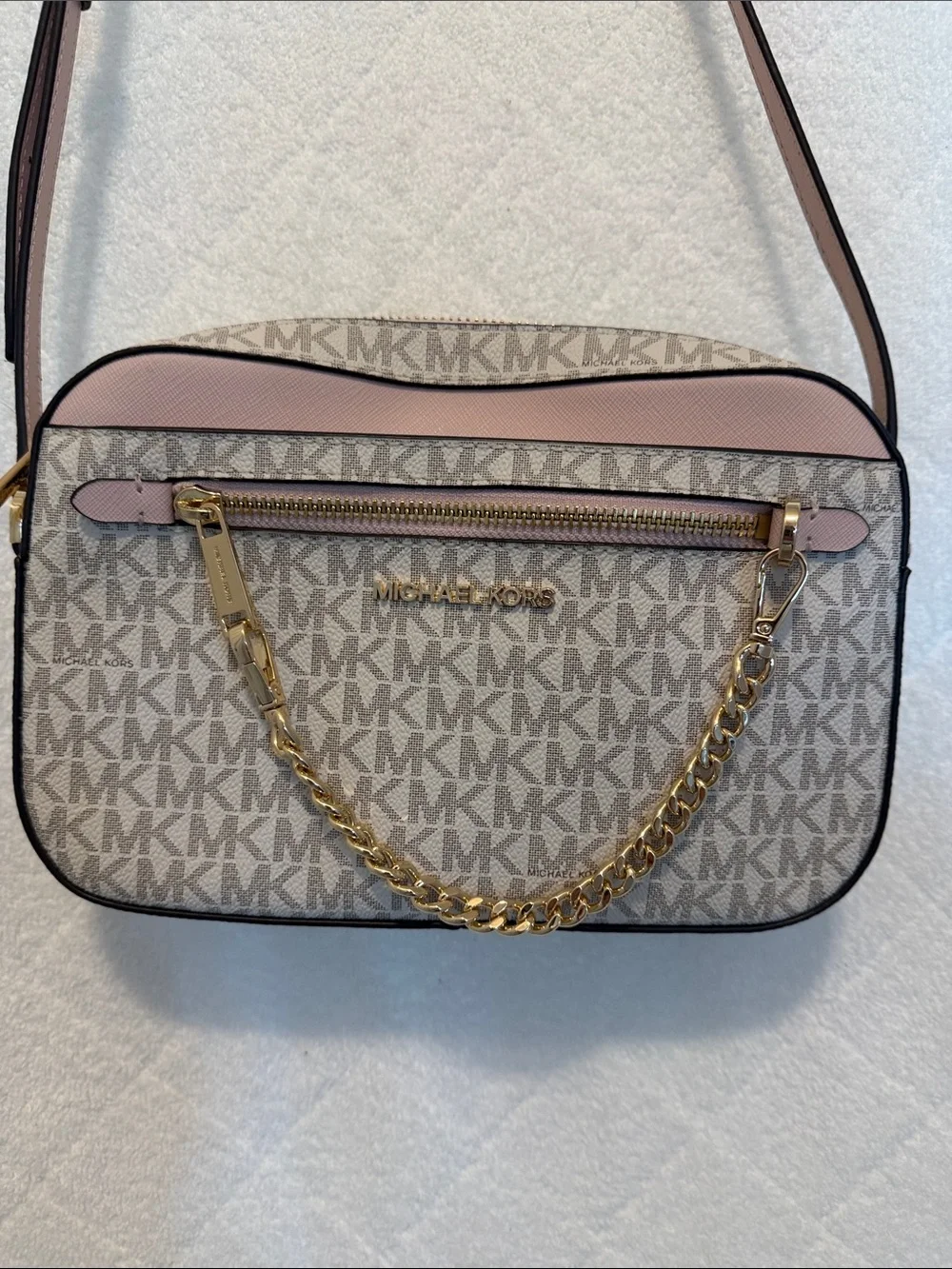 Michael Kors Beige and Pink Logo Crossbody with Gold Chain